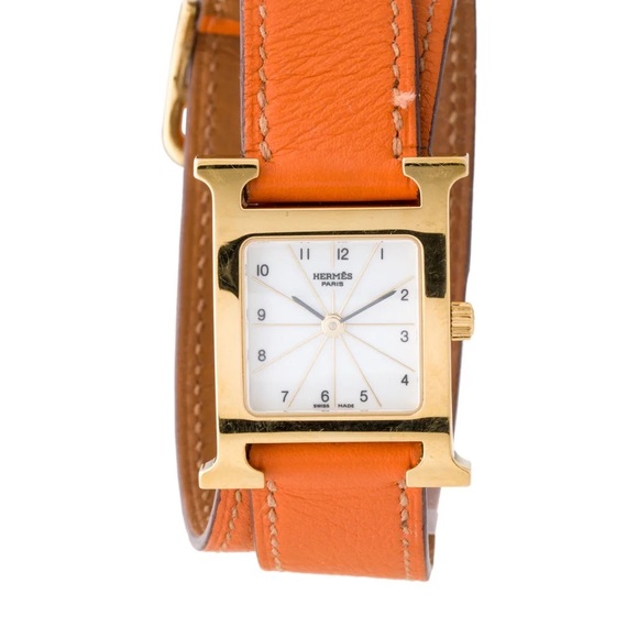 Hermes Heure H Mini Watch - Orange with Gold Face and Double-Length Strap - Picture 4 of 8